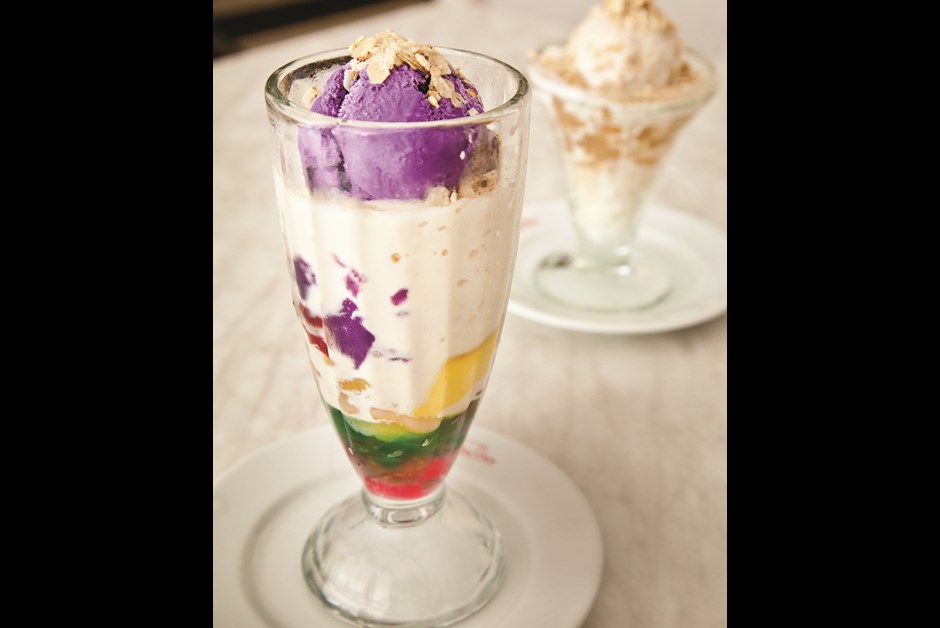 MILKY WAY CAFÉ IS FAMOUS FOR ITS HALO-HALO, A CLASSIC PINOY DESSERT OF PURPLE YAM ICE CREAM AND ABOUT A DOZEN OTHER INGREDIENTS